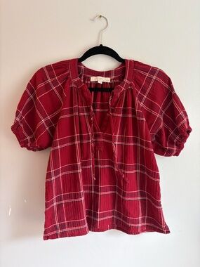 LOFT Red Plaid Tie-Front Short-Sleeve Blouse